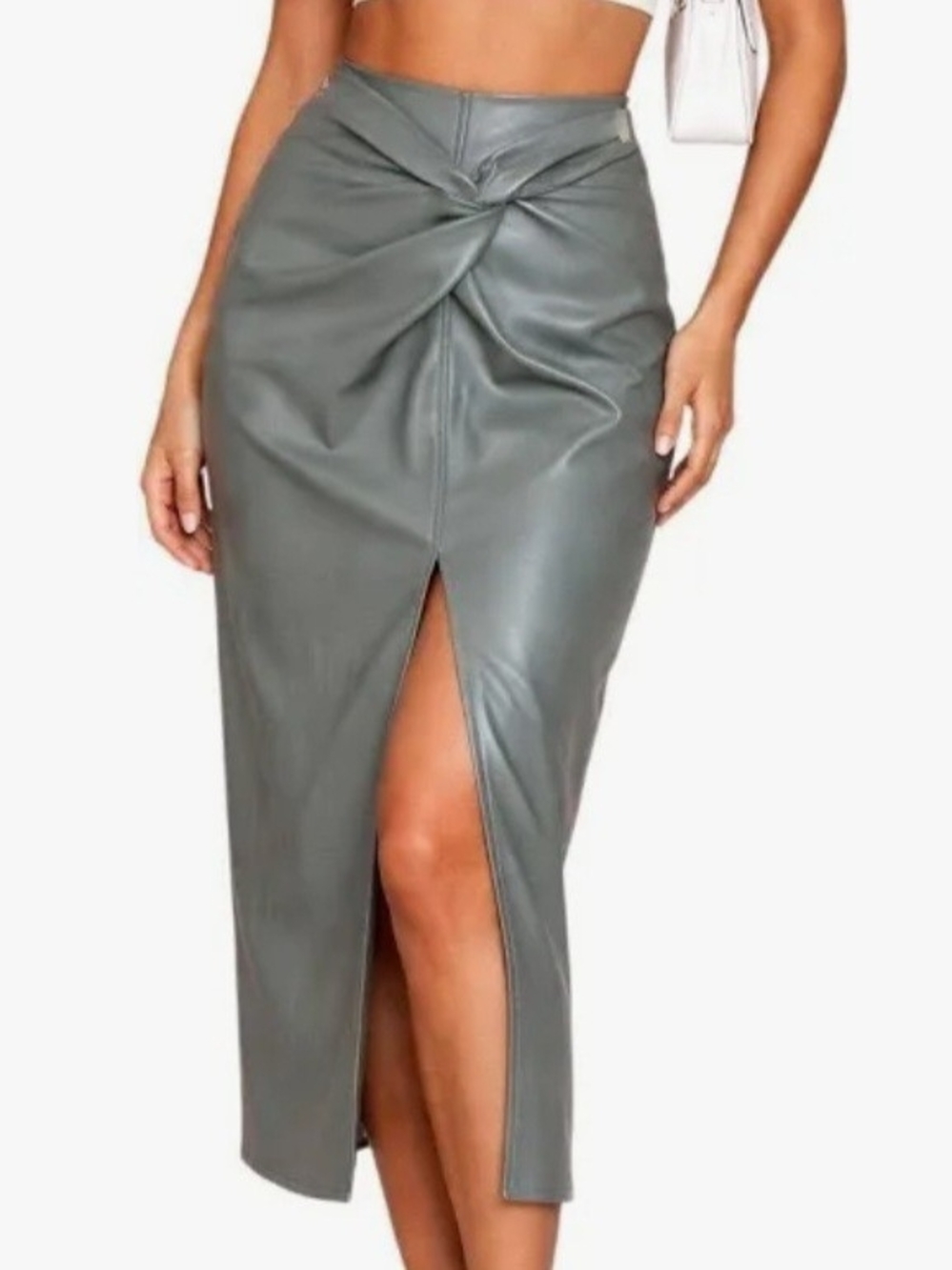 High-Waist Grey Twist Front Pencil Skirt with Front Slit